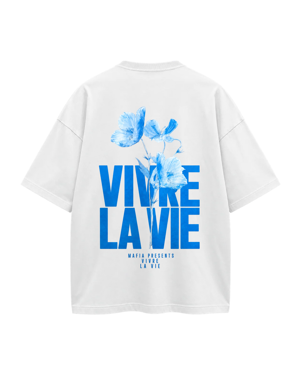T-Shirt Oversize Vivre La Vie – Bleu Floral — Blanc — Verso