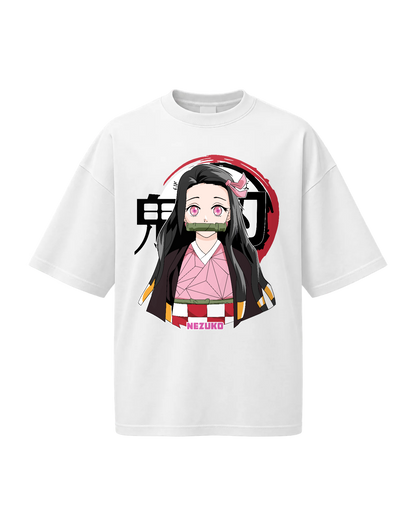 T-Shirt Oversize — Nezuko · Demon Slayer — Blanc — Recto