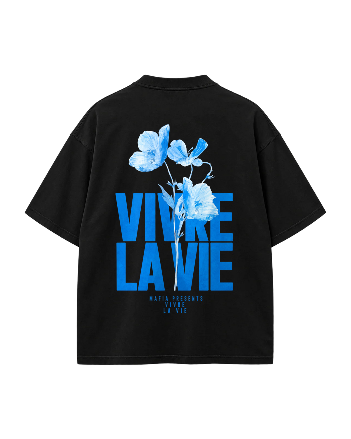 T-Shirt Oversize Vivre La Vie – Bleu Floral — Noir — Verso