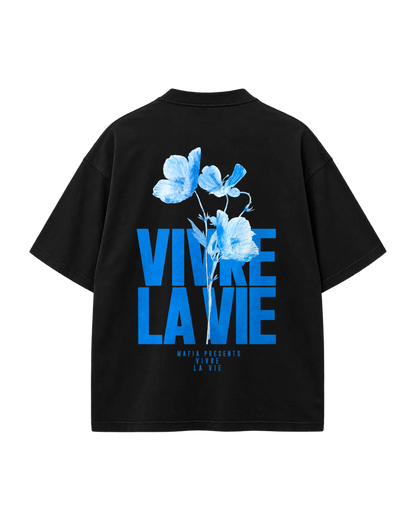 T-Shirt Oversize Vivre La Vie – Bleu Floral — Noir — Verso