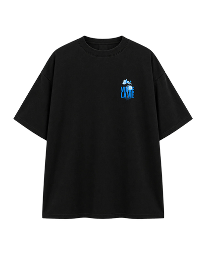 T-Shirt Oversize Vivre La Vie – Bleu Floral — Noir — Recto