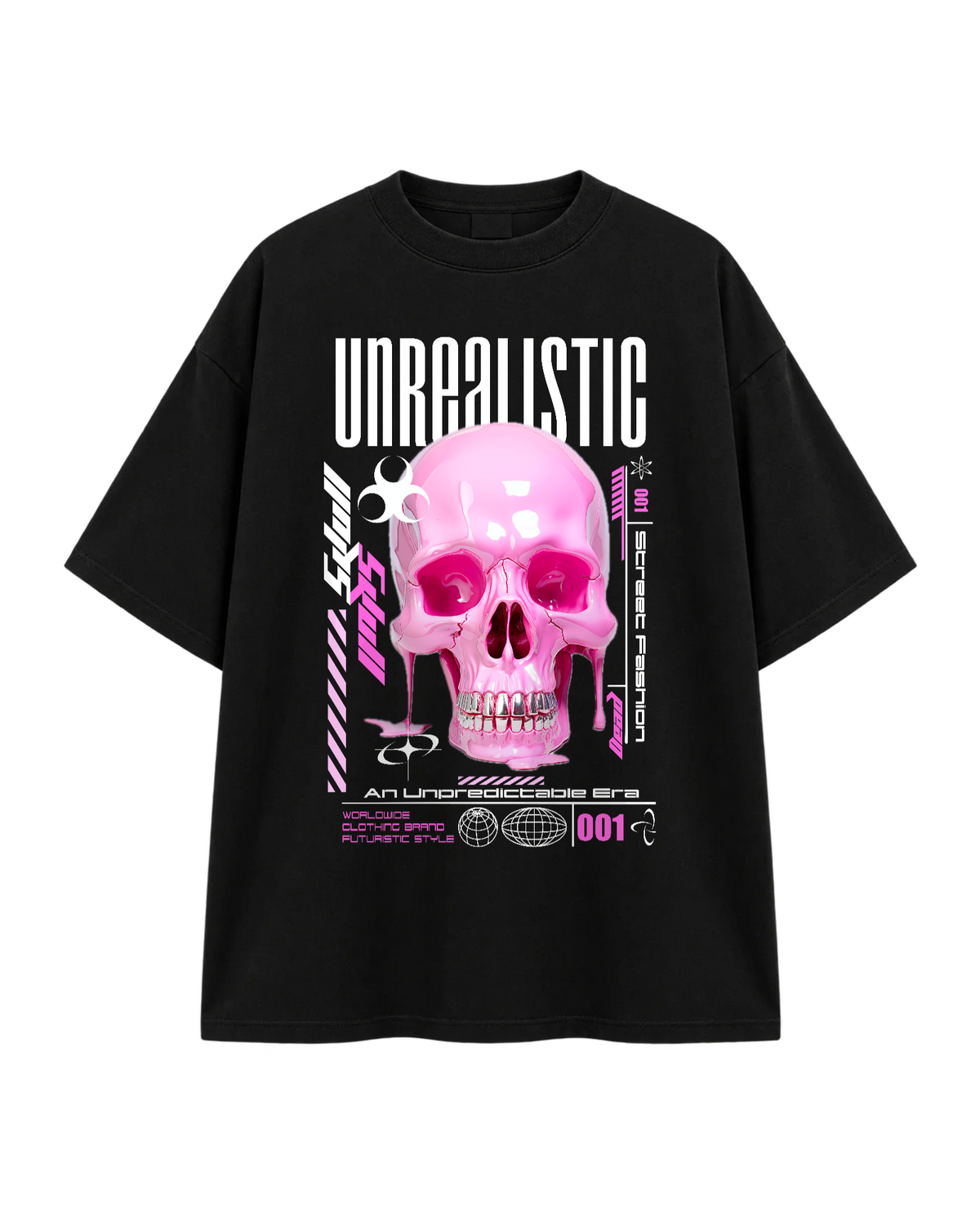 Unrealistic Pink Skull Oversized T-Shirt — Noir — Recto