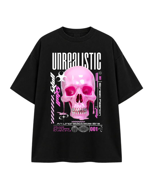 Unrealistic Pink Skull Oversized T-Shirt — Noir — Recto